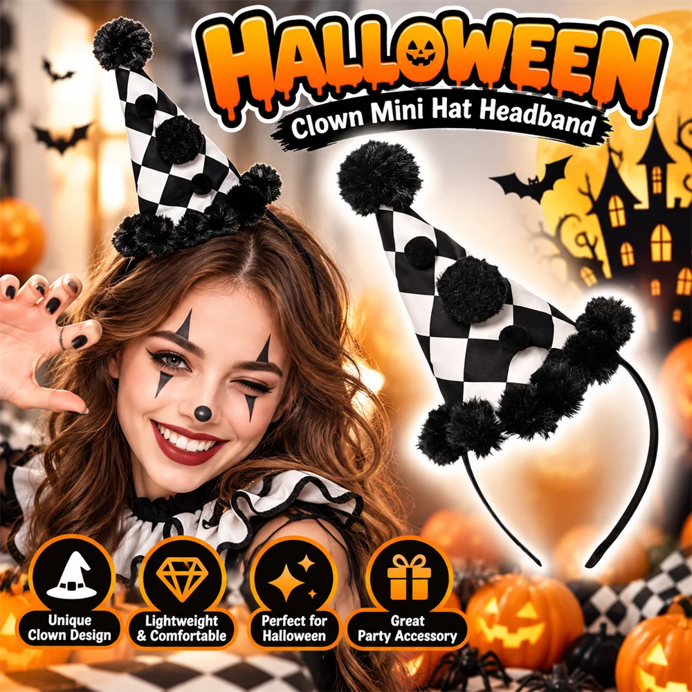 Plush Ball Halloween Joker Headband Dot Grid Classic Joker Hats Hair Hoop Colorful Ruffle Funny Headwear Halloween