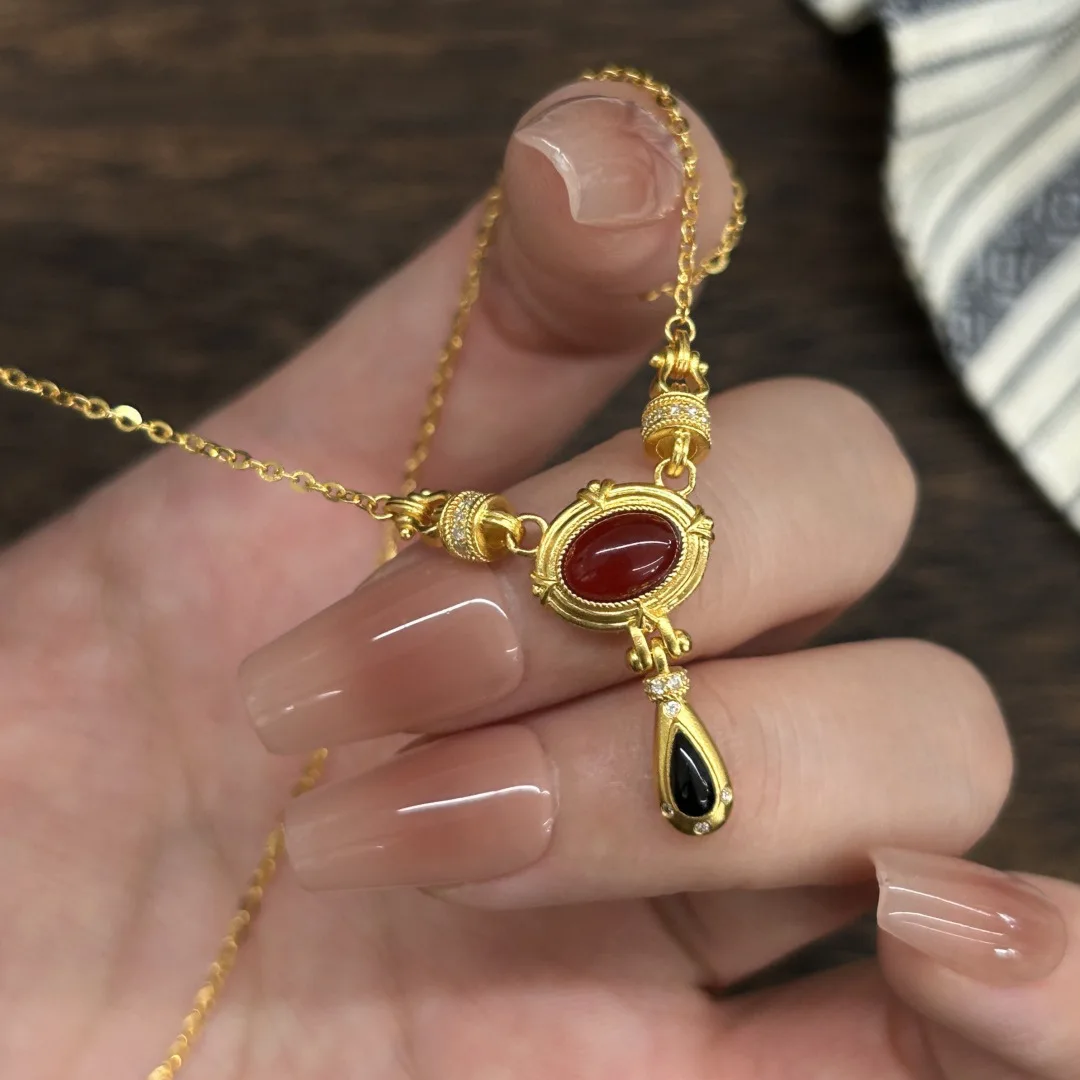 Vintage palace style retro black ruby necklace for women fashion charms tassel water droplet collar chain banquet jewelry