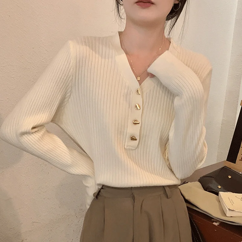 

2023 New Spring Autumn Knit Women Sweater V-Neck Slim Striped Bottom Sweater Casual Slim Fit Long Sleeve Thin Pullovers Sweater