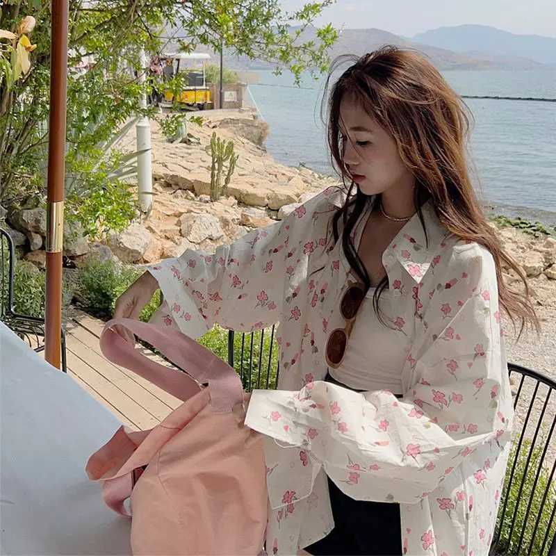 Women Summer Loose Sunscreen Fashion Printing Polo-Neck Long Sleeve Shirts Women Clothes Simplicity All-match Appear Thin Tops