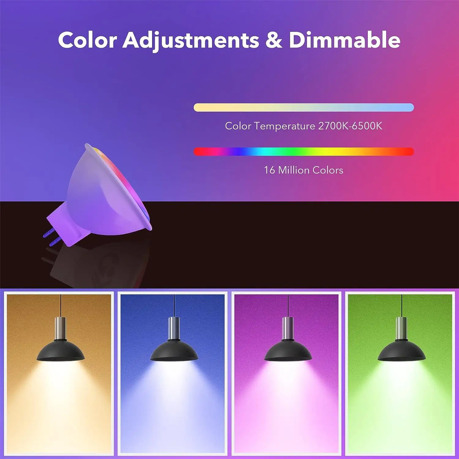 Smart MR16 LED Bulbs Dimmable Color Changing 12-Volt Gu5.3 Bi-Pin Base RGB LED Bulb Works With Alexa Adjustable 16 Million Color