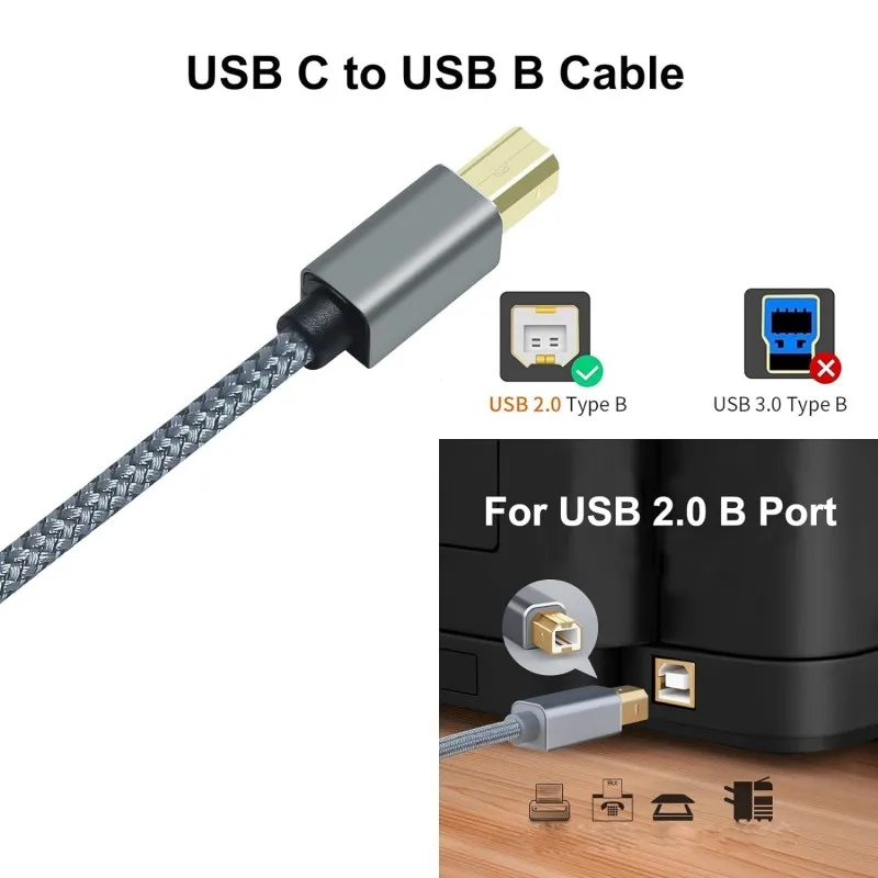 2 قطعة كابل بيانات مضفر من النايلون 3 متر USB C إلى USB B 2.0 للطابعة الماسح الضوئي مع موصل مطلي بالذهب