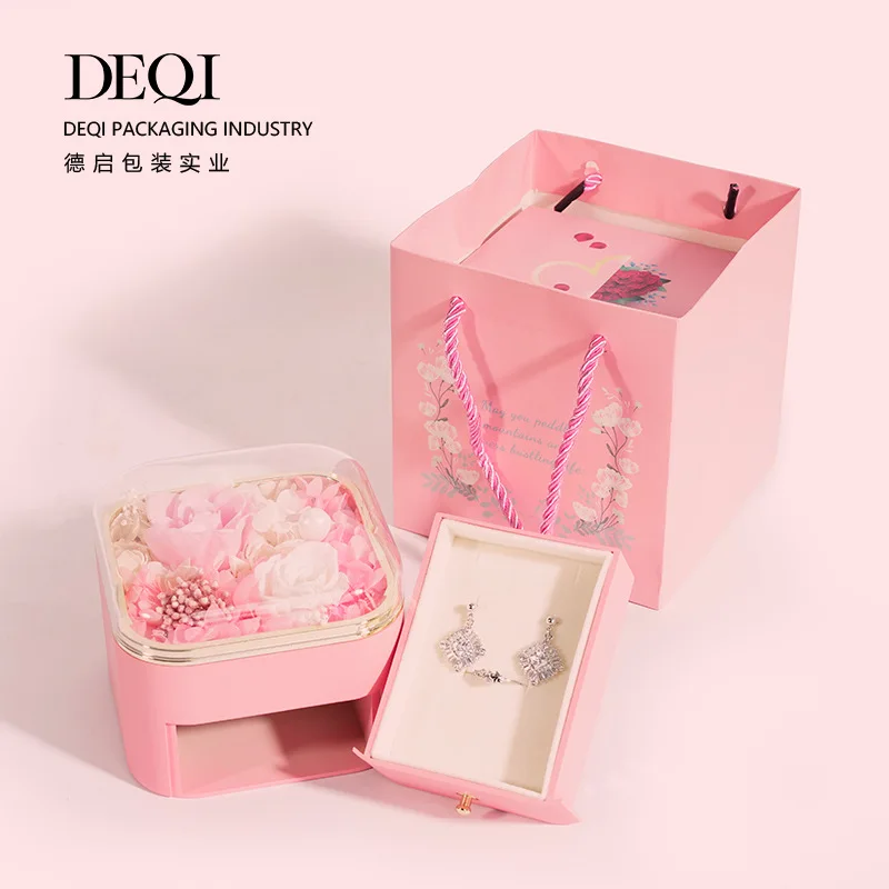 Luxury Design Preserved Fresh Flower Jewelry Box with Drawer Rings Necklace Jewel Storage Case Birthday Valentine's Day Git Box