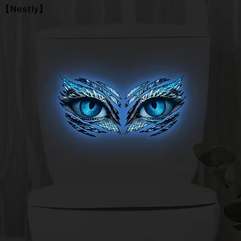 Glow-In-The-Dark Toilet Stickers Ice Blue Dragon Eye Design Wall Decal Self-adhesive Removable PVC Bathroom Decor Luminous〔Nest〕