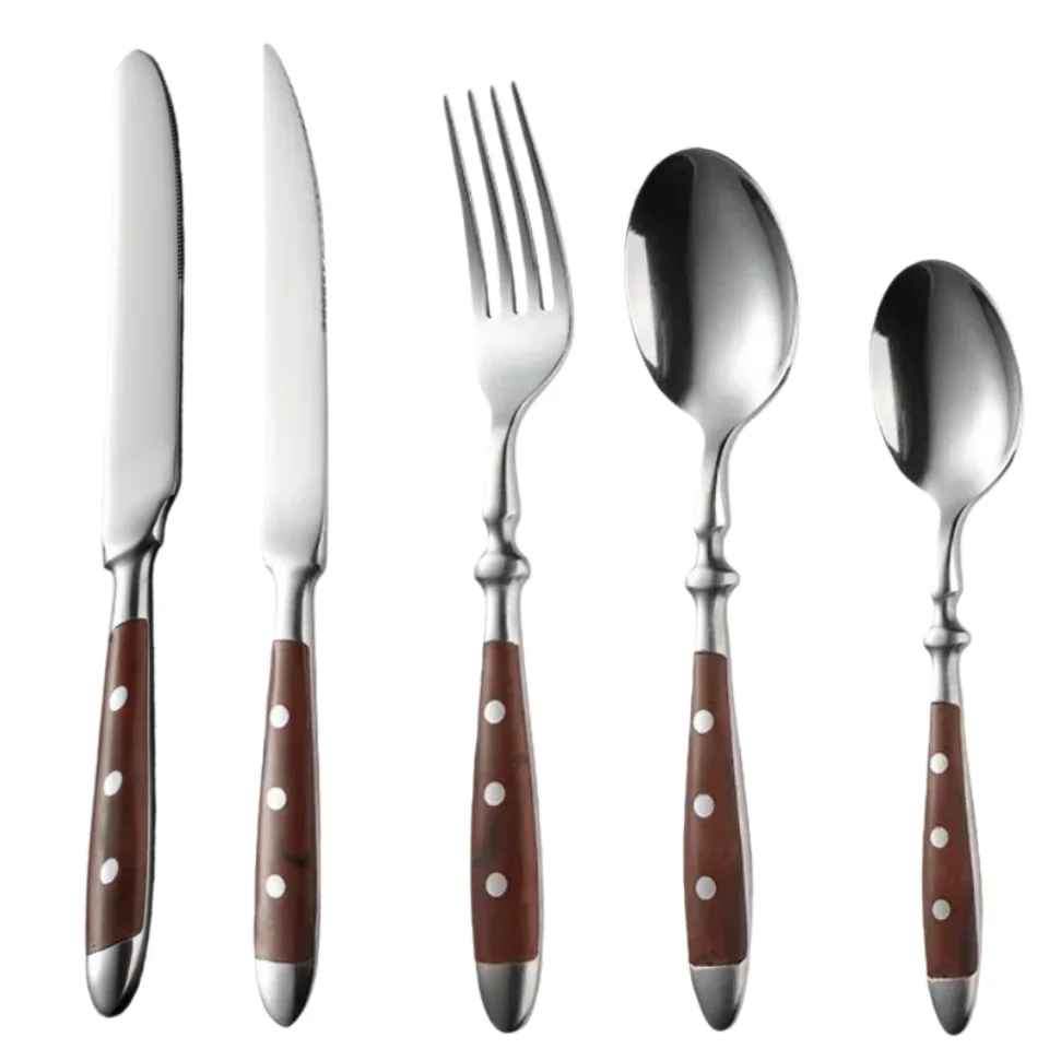 

430 Stainless Steel Riveted Dinner Knife Fork And Spoon In Wood-grain Style 6 Pieces, Main Dining Knife And Fork Hotel Tableware
