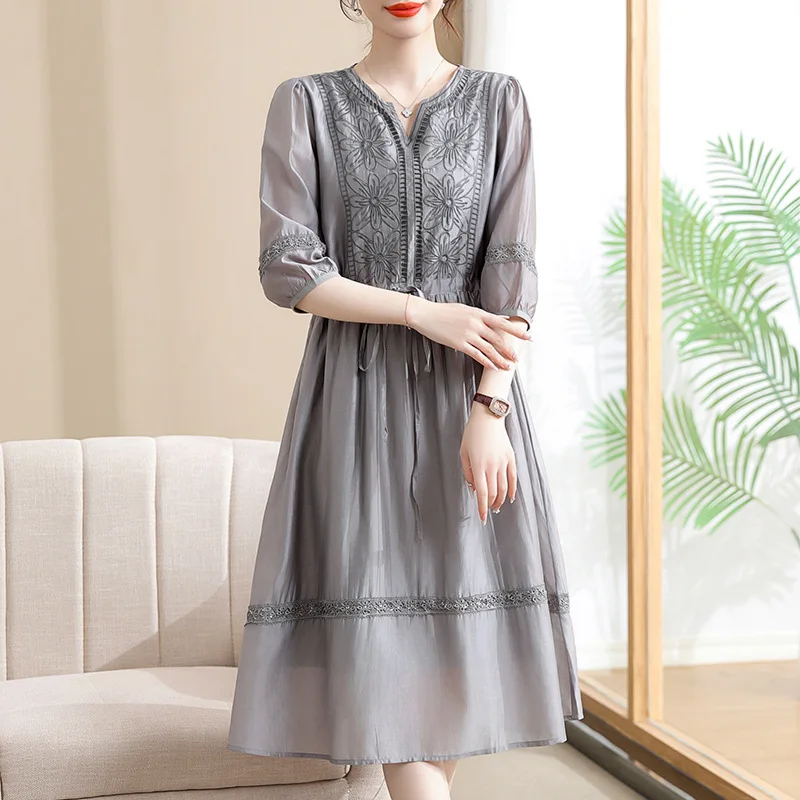 Spring Summer New Silk Embroidery Dress Women's Solid V-Neck High Waist Shirring Midi Dress Casual Loose Holiday Dress Robe J206