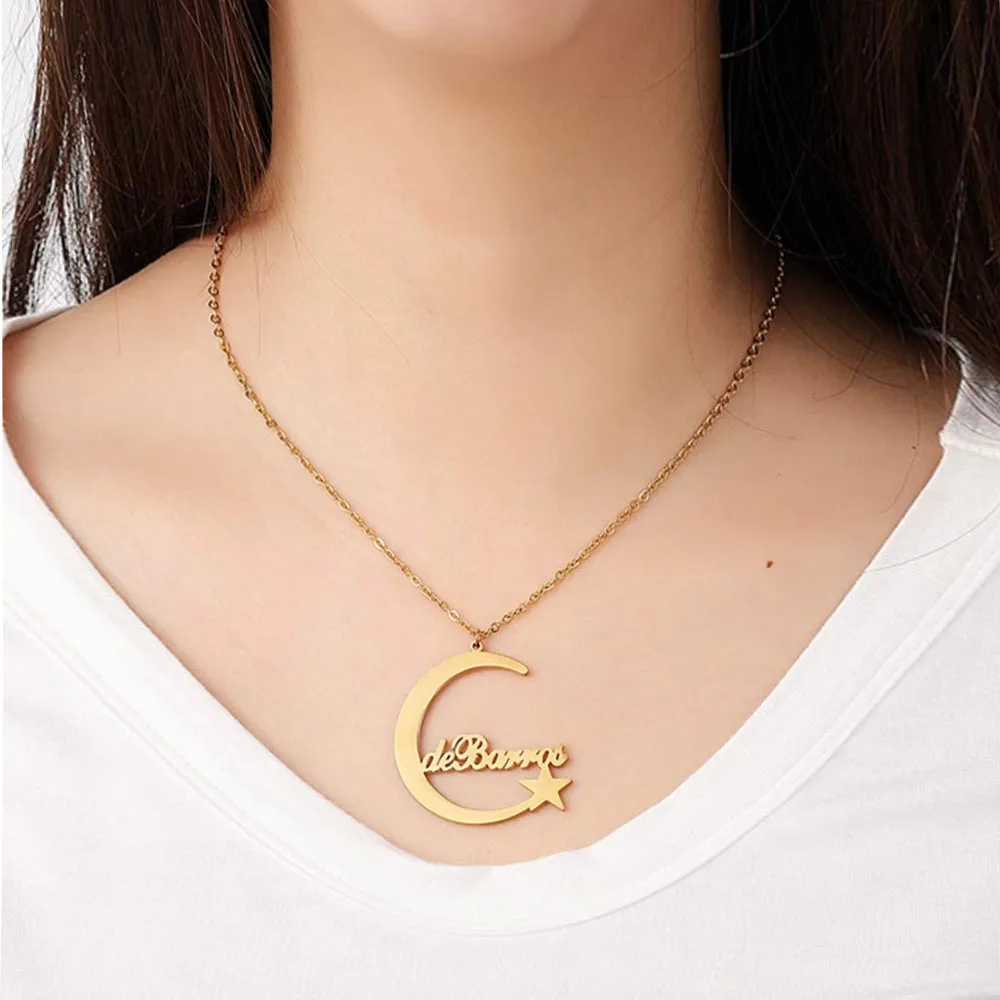 Luxury Star and Moon Necklace Women Personalized Stainless Steel Name Necklace Waterproof Neck Chain with Pendant Charm Necklace