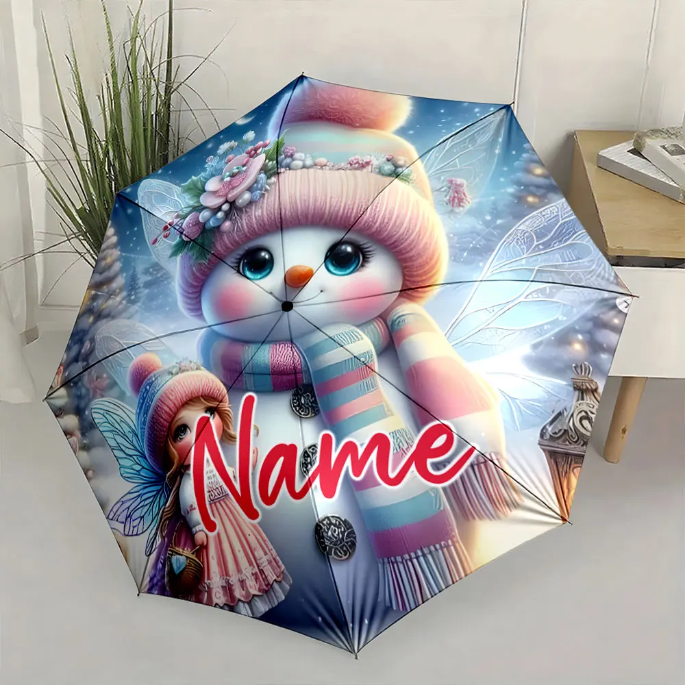 Custom Name Whimsical Snowman and Fairy Umbrella Design Print 8 Iron Ribs Folding Umbrella Auto-Open Fashion Sunshade