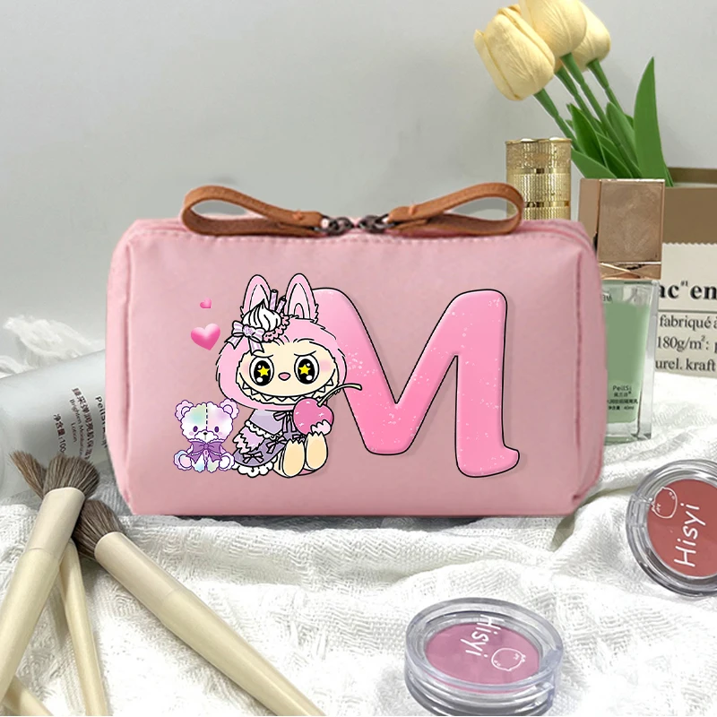 

Pop Mart Labubu Cosmetic Bag for Women Cartoon Letter A-Z Printed Makeup Pouch Girls Zipper Washing Handbag Portable Clutch Bags