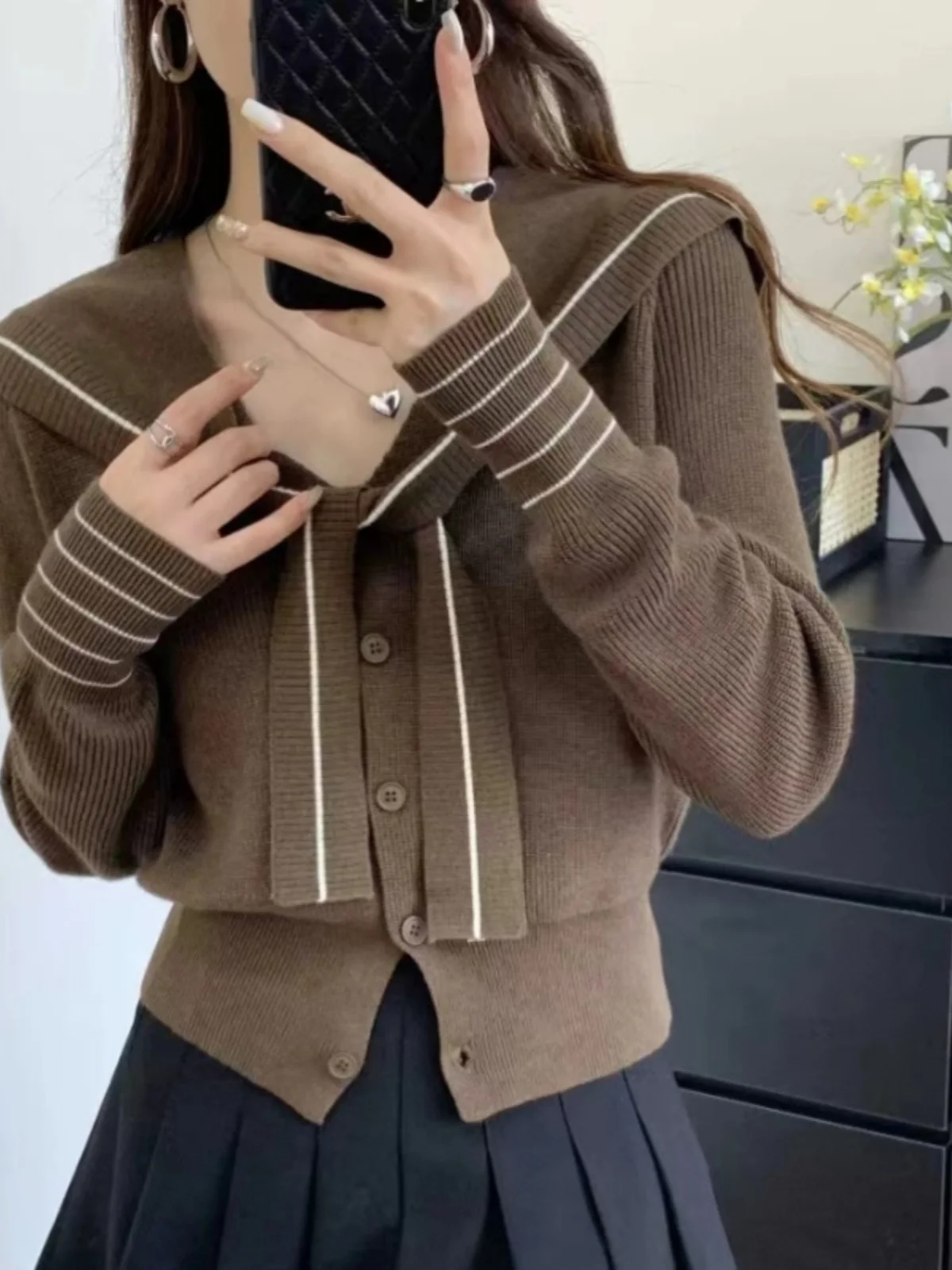 ay البحرية طوق محبوك سترة المرأة الخريف الشتاء ort سترة V-ne تنوعا قطعتين مجموعة تخفيف Sle طويل Sve