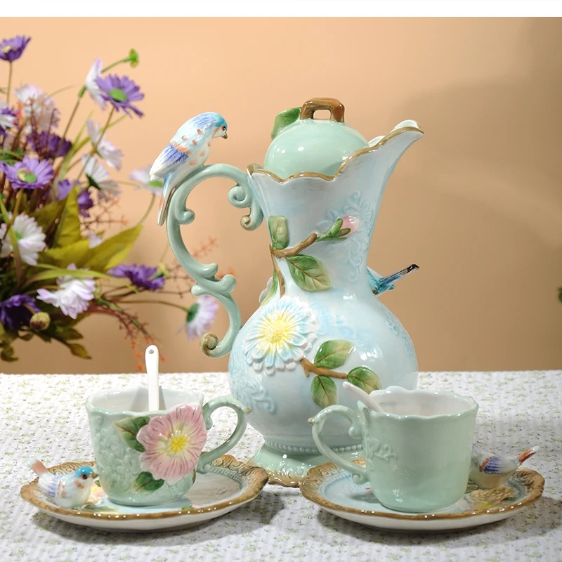 Ceramic Flowers and birds 1 Pot 2 Cups Tea Set British Luxury Home Black Coffee Utensils To Give A Friend