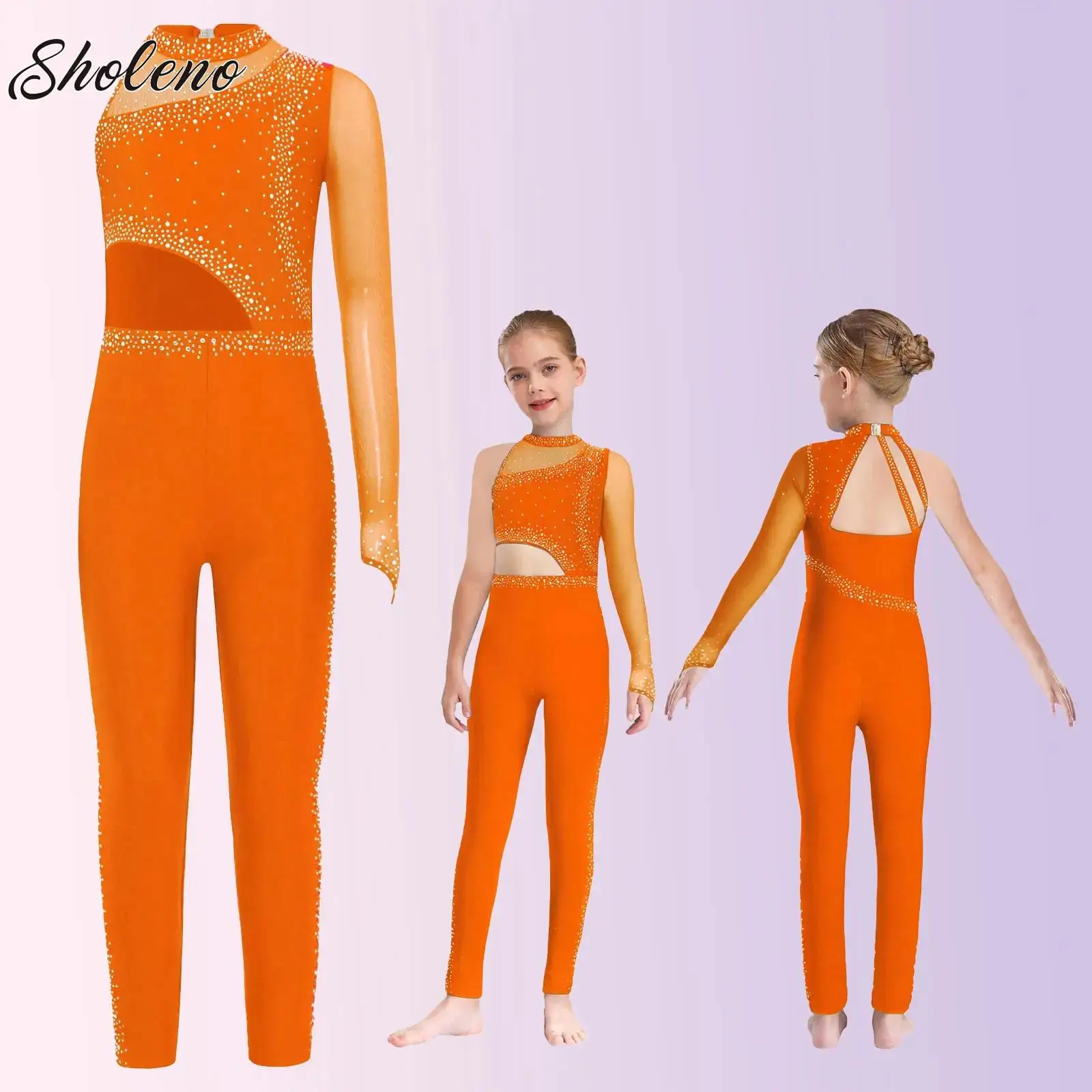 

Kids Girls Ballet Gymnastics Jersey Jumpsuit Figure Skating Dance Practice Costume Sheer Rhinestones Full Body Leotard Dancewear