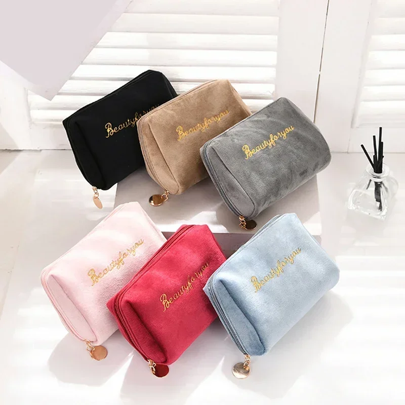 Women\'s Cosmetic Bag Zipper Velvet Letter Embroidery Solid Make Up Pouch for Cosmetics Toiletry Case Female Make Up Bags