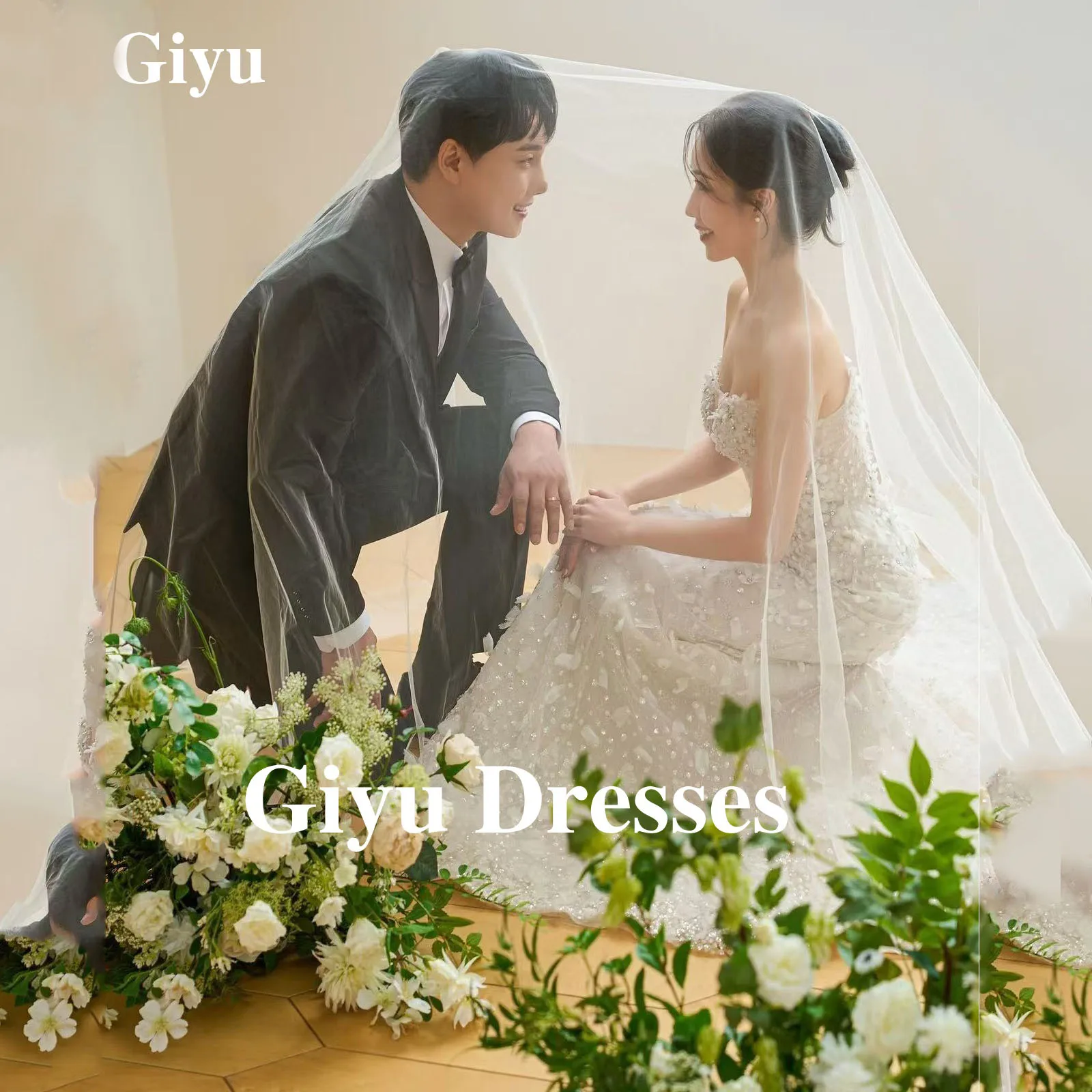 Giyu Elegante A-Linie Tüll Koreanische Hochzeit Fotografie Spitze Applique Perlen Pailletten Brautkleider Korsett Party Kleider Angepasst