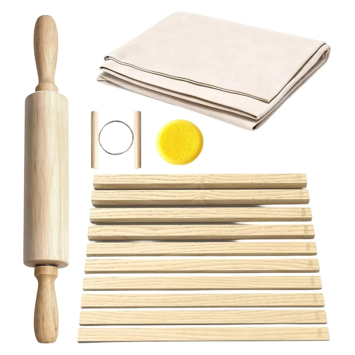 L70A 13 Pcs Pottery Tools Kit with 5 Size Teaching Rolling Mud Stick Guides, Wood Rolling Pin & Clay Fabric