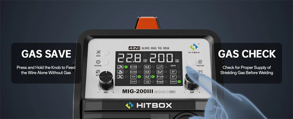 HITBOX MIG-Schweißgerät 220V 200 Ampere 7-in-1 Stick ARC MMA Gaslos/Gas MIG Lift TIG Punktschweißgerät mit Spool Gun, Einzelpuls-Aluminiumschweißgerät, großem LED-Digitalbildschirm und Inverter-Schweißwerkzeug – Detail 9