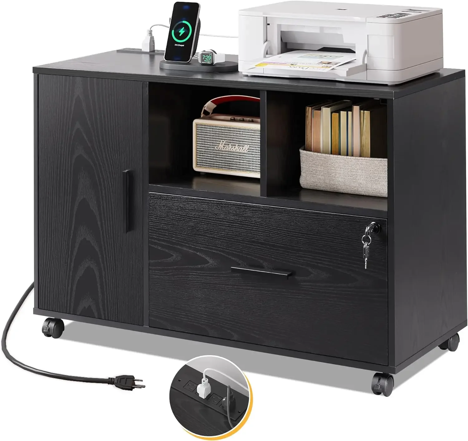 

Wooden File Cabinet Rolling Printer Stand Locking Drawer Charging Station Home Office Black