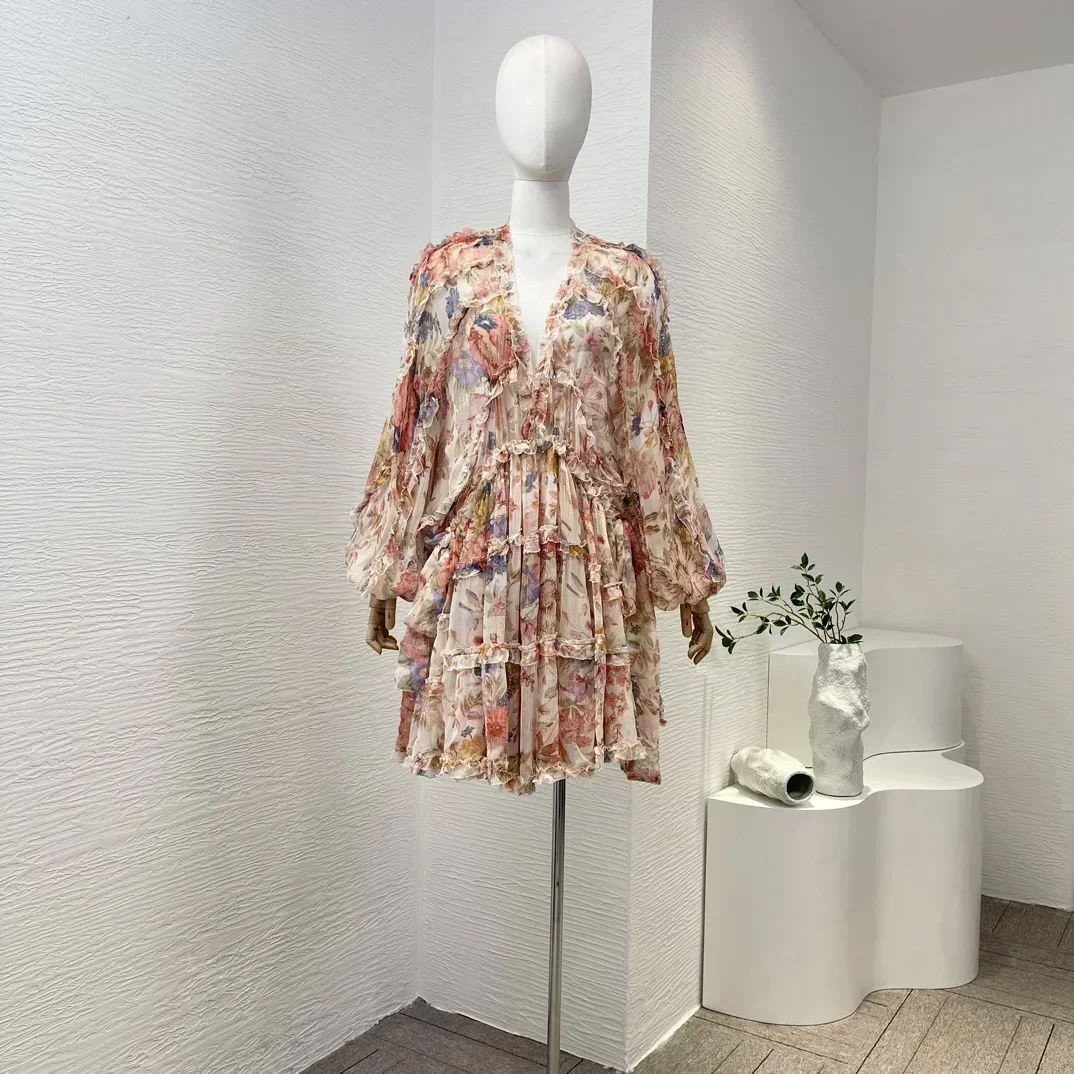 

2023 New Pink Floral Printing Ruched Flouncing Long Lantern Sleeve Pullover Women Mini Dress High Quality Clothing Collection