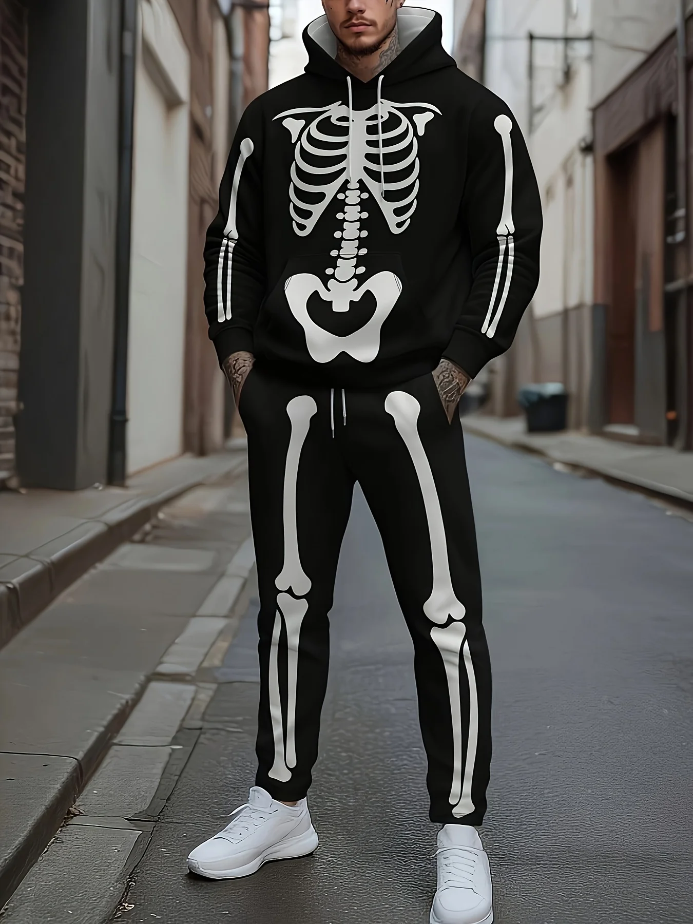 

2025 Spring and Autumn New Men's hooded sweatshirt set casual roller skating frame printed street men's wear