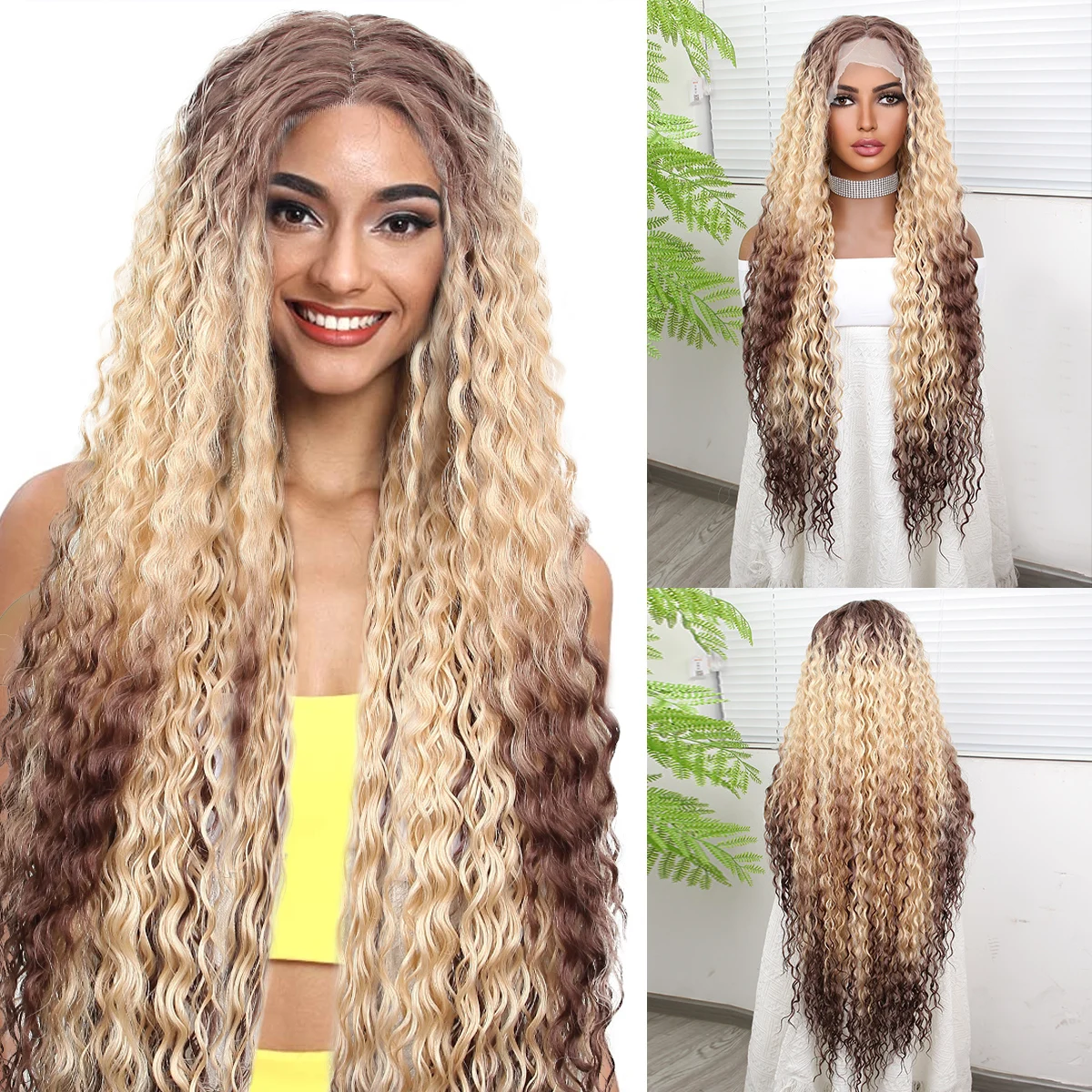 Quality 32inch Synthetic Wig Ombre Blonde 13/4.5*1 T Lace Front Wigs Long Curly 180 Density  Ombre Blonde Versatile Style