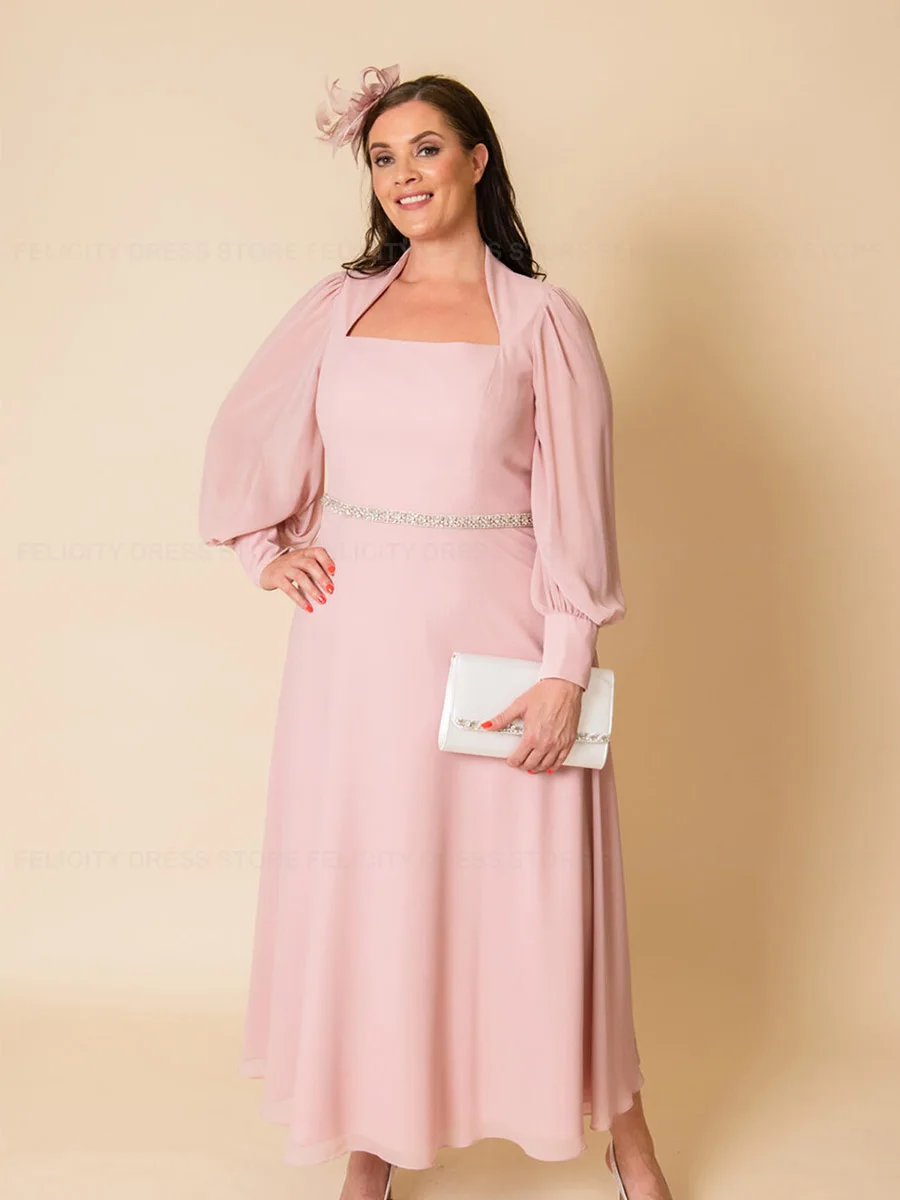 Roze Elegante Plus Size Moeder Van De Bruid Jurken 2023 A-Lijn Vierkante Formele Bruiloft Gast Jurk Chiffon Riem فستان حفلات الزفاkrijgt