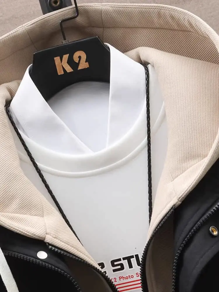 

Spring Autumn Loose Fit Youth Men's Jaet Faionable Hooded Patchwork Workwear Coat Trendy Outerwear Casual Polyester Fiber