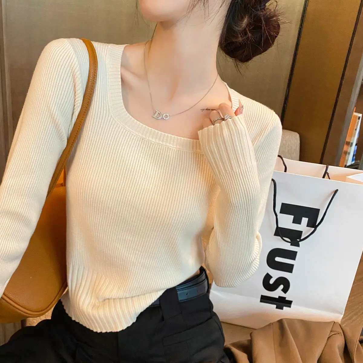 2023 Autumn Wnter Clothes Women\'s Sweater Square Collar Female New Knit Crop Pullover Korea Fashion Long Sleeve Top Woman Jumper