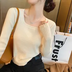 2023 Autumn Wnter Clothes Women's Sweater Square Collar Female New Knit Crop Pullover Korea Fashion Long Sleeve Top Woman Jumper