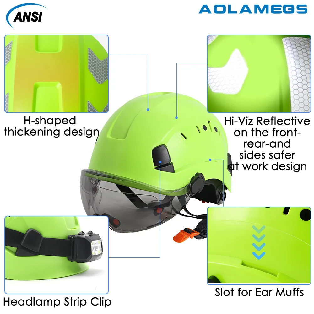 CE Construção Capacetes de Segurança com Óculos Duplos, Engenheiro Respirável ABS Work Cap, Proteção de Cabeça, ANSI Escalada Rescue Cap