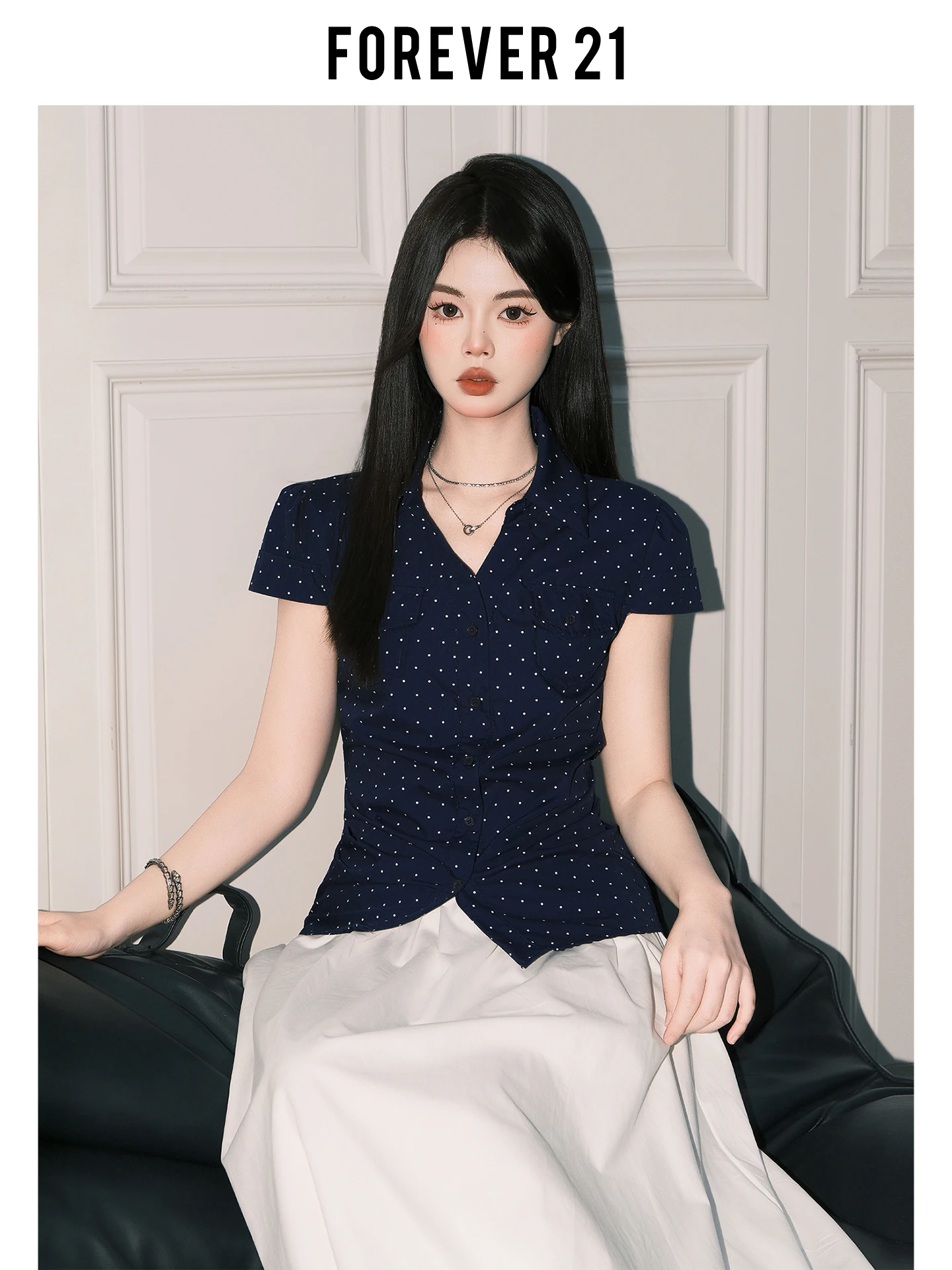 Camisa Feminina Chic com Poás, Blusa de Manga Curta com Cintura Ajustável, Estilo Coreano Forever 21, Casual, Respirável e Confortável para a Pele