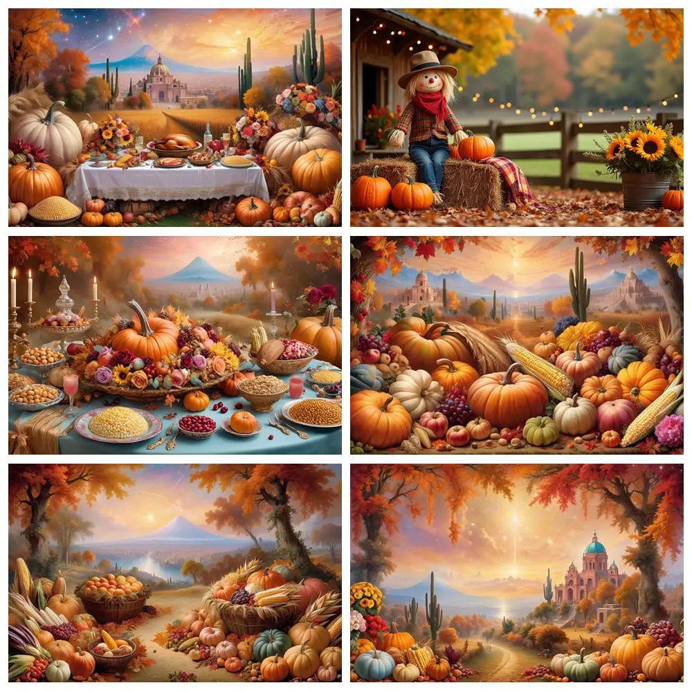 

MOON.QG Autumn Fall Harvest Background Pumpkin Scarecrow Fruit Vegetable Food Photography Backdrop Thanksgiving Decor Photobooth