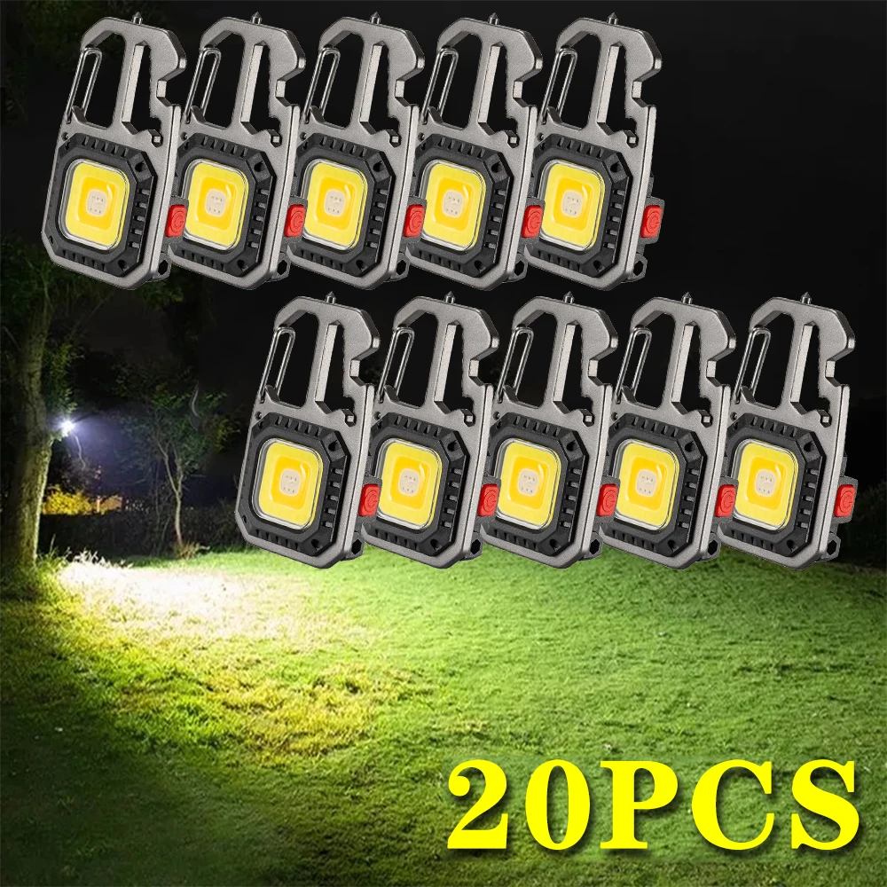 Mini LED Keychain Portable Work Light Pocket Flashlight USB Rechargeable Outdoor Camping Lamp With Window Hammer Bottle Opener