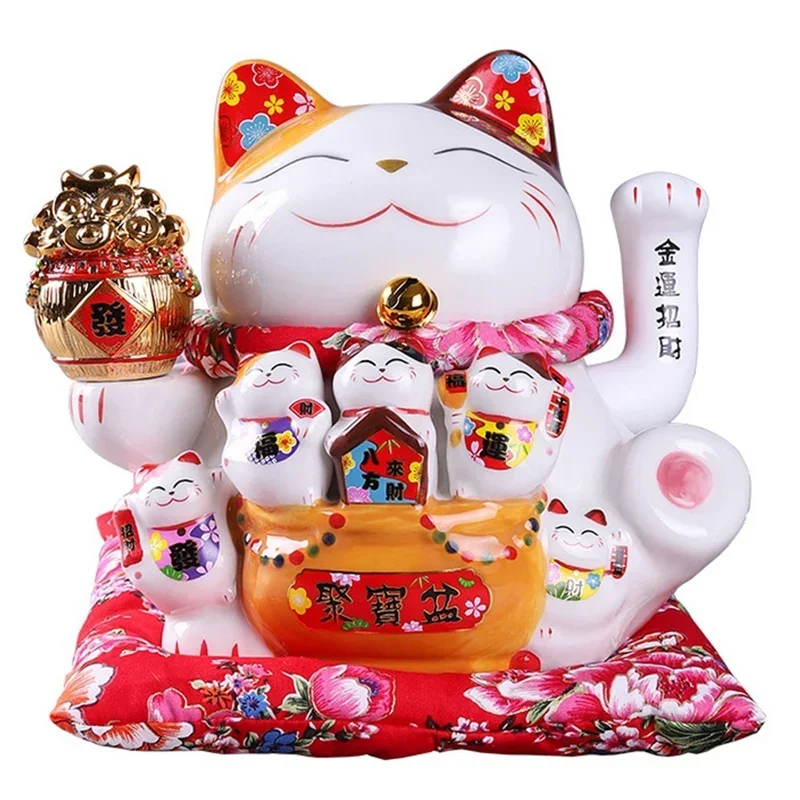 7Inch Ceramic Beckoning Cat Maneki Neko Ornament Feng Shui Decoration Swing Lucky Cat