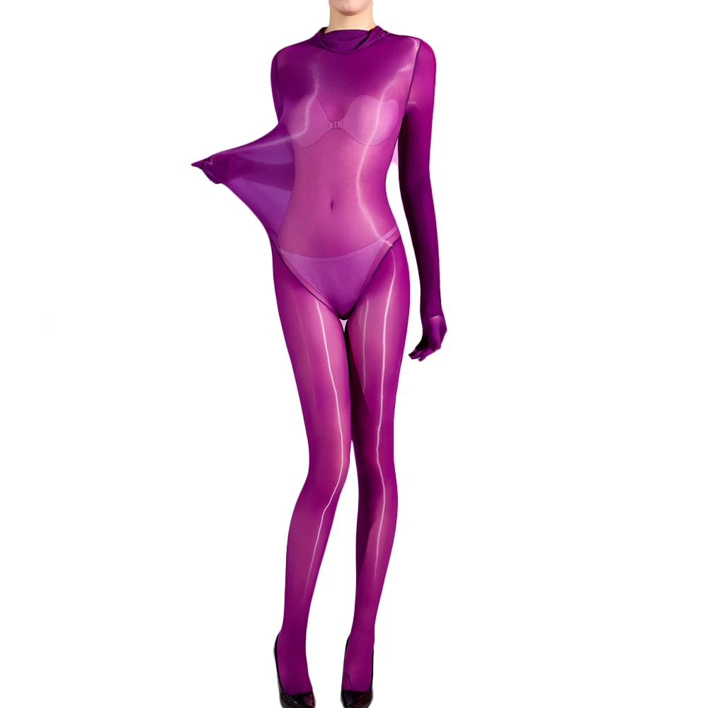 

Sexy Women Cosplay Maid Tights 5D Oil Glossy Elastic Bodysuit Sheer See Through One-Piece Thong Glove Sleeve High Neck Leotard