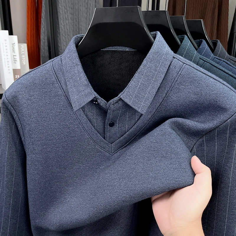 

Light Luxury Autumn and Winter Middle-aged Men's Dad Outfit Long Sleeved T-shirt Fake Two-piece Lapel Polo Shirt