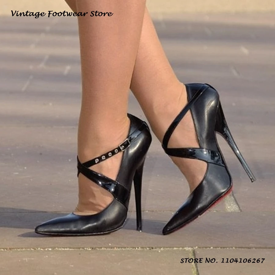 

16cm Extreme High Black Pumps Pointed Toe Thin Heels Footfetish Party Clubs Bars Shoes Sexy Women's Buckle Strap Solid Stilettos