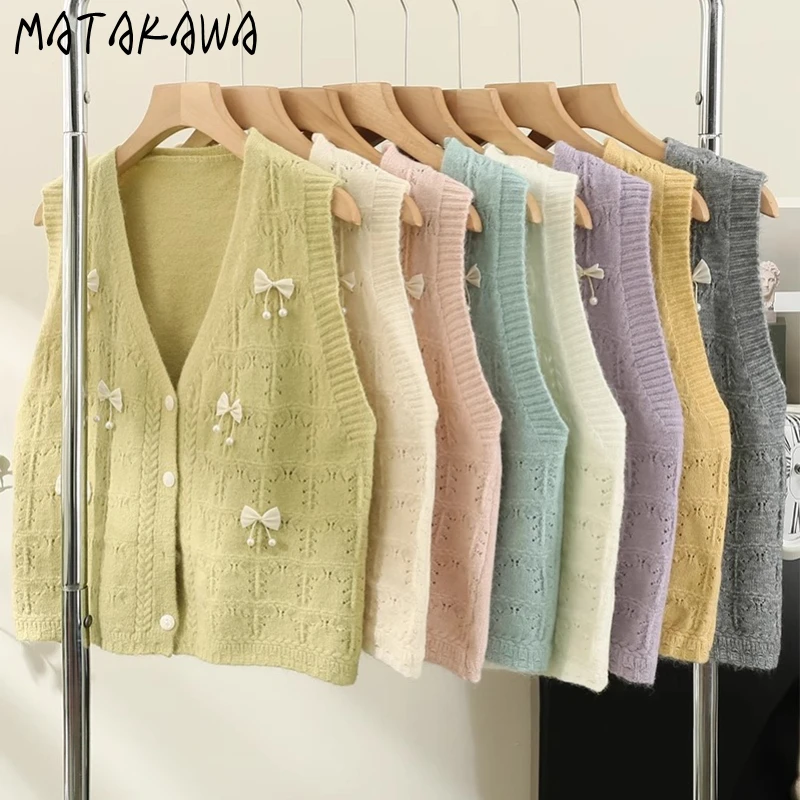

Matakawa Sweaters Woman Bows Sweet Solid V Neck Autumn Winter Short Vests Pullovers Korean Fashion Elegant Pull Femme
