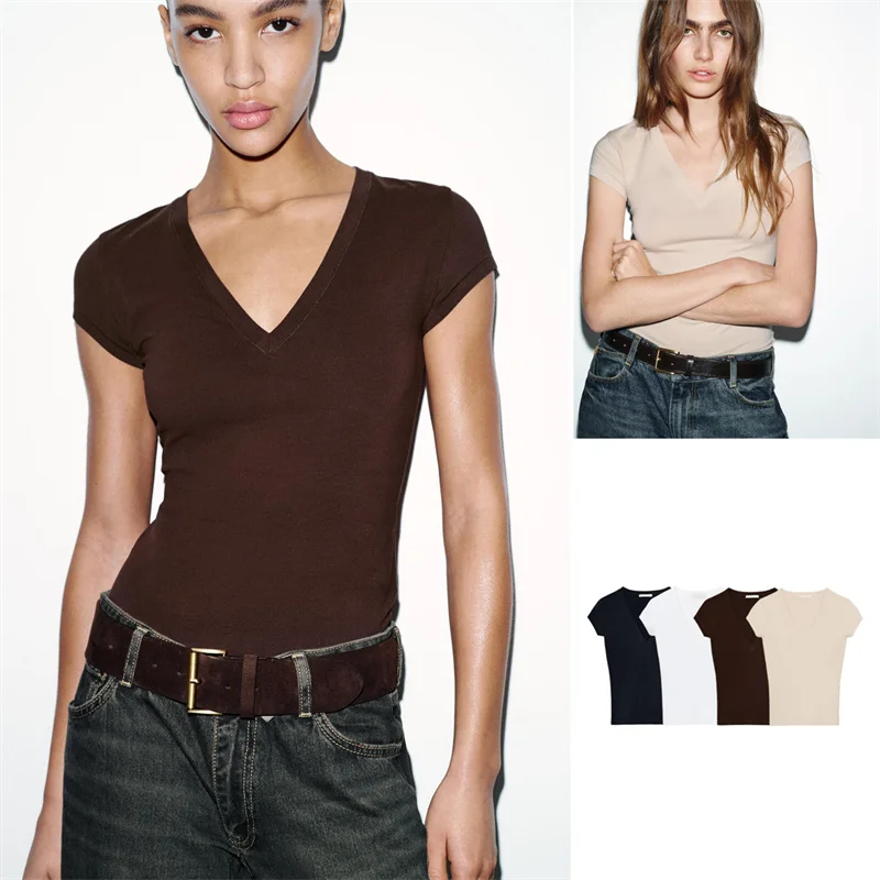 

Spring Summer New Women's Casual Style Versatile Fashion Short Sleeve Slim Fit Simple Multi-Color V-Neck T-Shirt 4174315