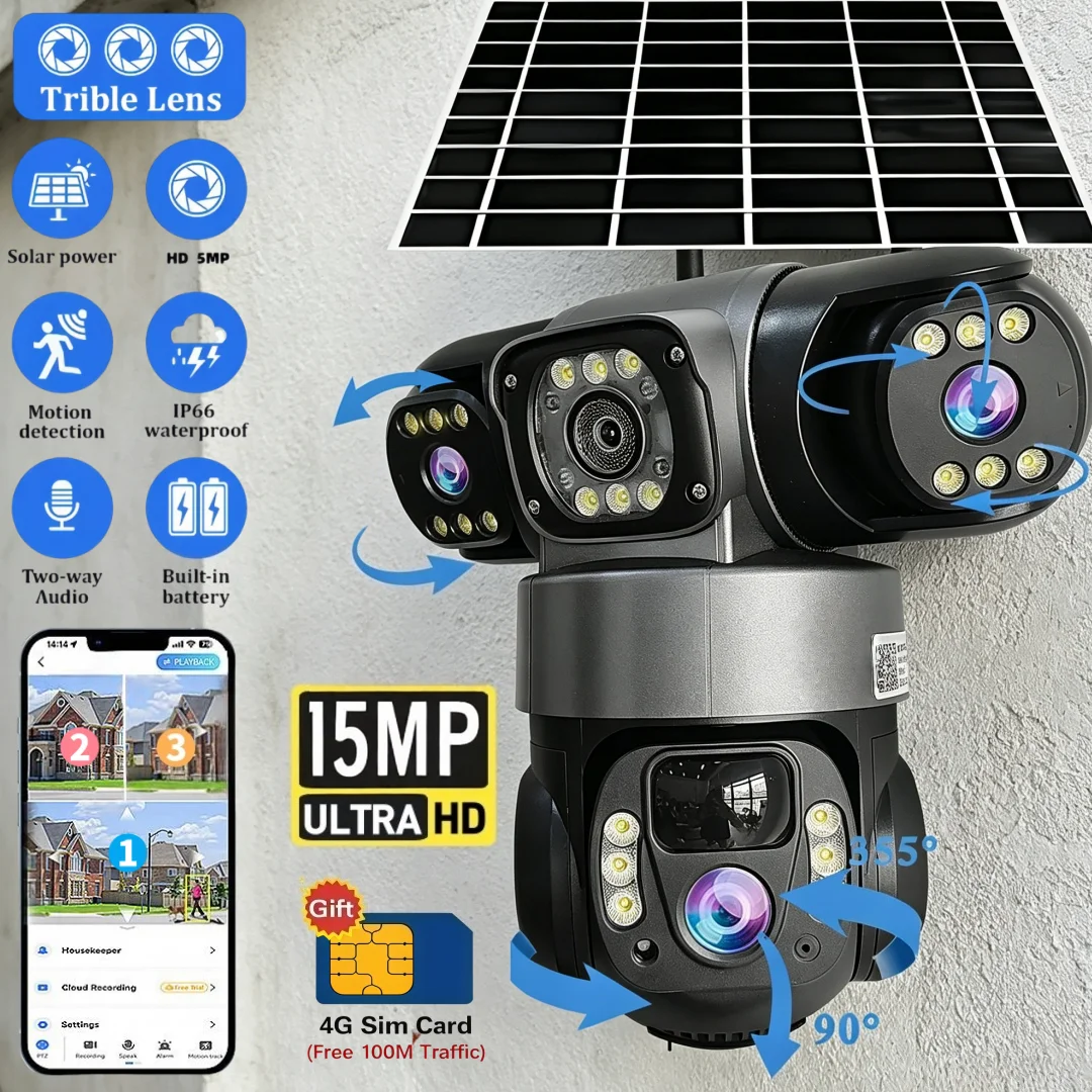Caméra solaire extérieure V380 Pro 4G 15MP 8K à trois objectifs et trois écrans, zoom numérique 10X, interphone bidirectionnel, étanche IP66, suivi automatique, caméras de sécurité CCTV, prise en charge du suivi automatique humanoïde 355 °   Horizontal, 90 °   Vision nocturne couleur verticale