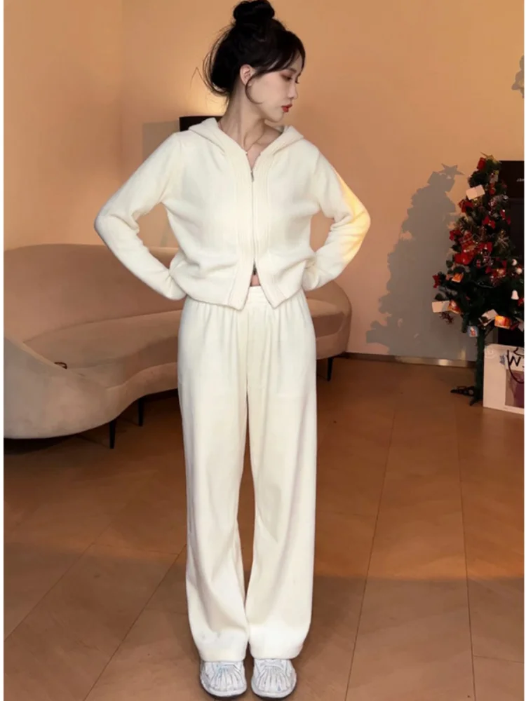 

Korean Style Hooded Zipper Sweater Open Cardigan Casual Wide Leg Pants Two Piece Set Women Spring New High Fashion Set