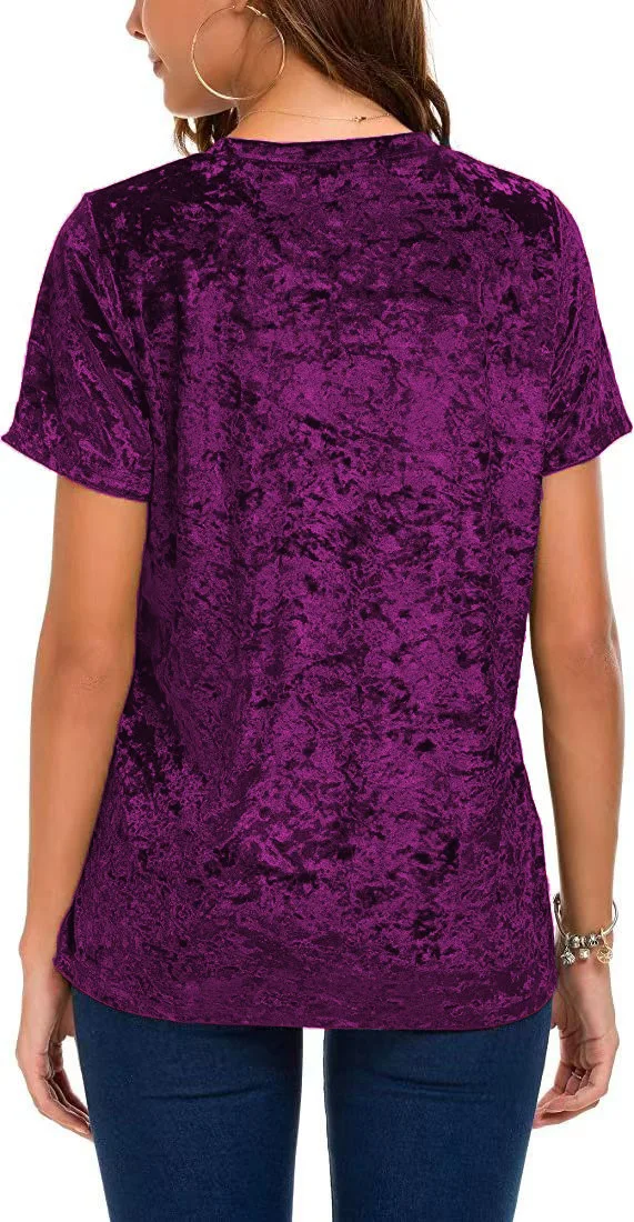 Damen-T-Shirt aus Crushed-Samt in Übergröße, kurzärmelig, Rundhalsausschnitt, lässiges, lockeres Oberteil – Detail 15