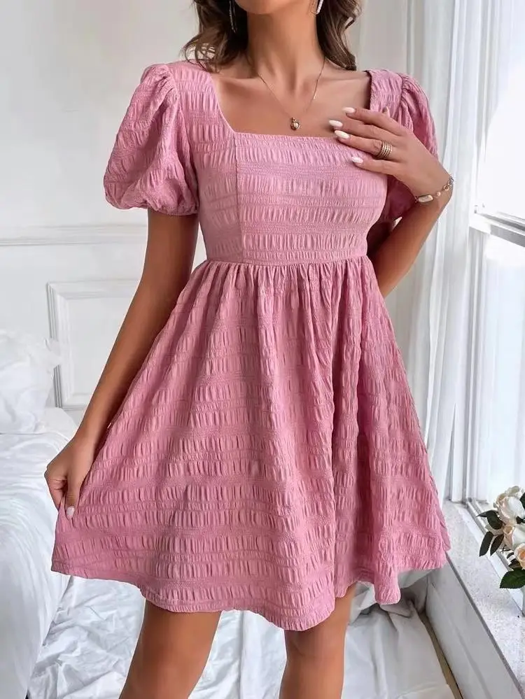 

pink stripe puff sleeve knee length dress