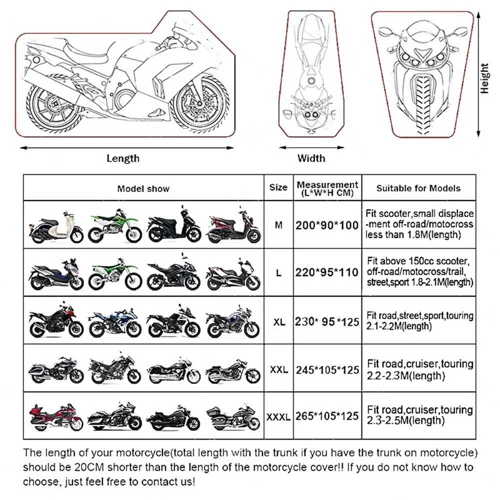Motorcycle Cover Waterproof Dustproof UV Protective Outdoor Indoor Motorcycles E-bike Scooter190T Wear-resistant Fabric Cover