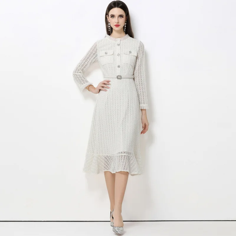 Slimming Lace Waist Belted Long Dr Women's Faion High Waist French Sle Velvet Fabric Casual Spring Thi Long Sve