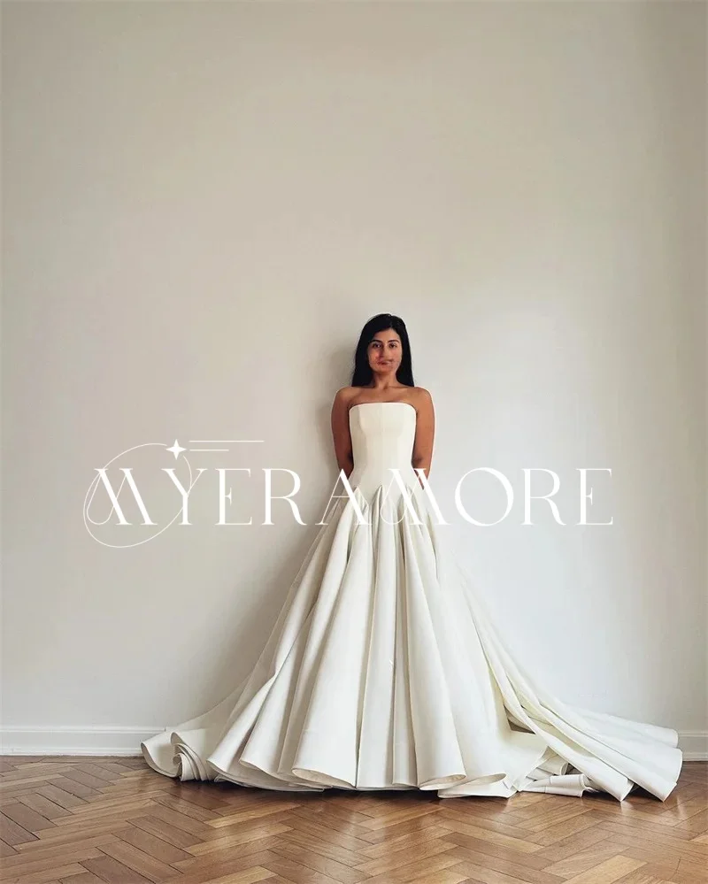 エレガントなストラップレスサテンのウェディングドレス Aラインスイープトレイン花嫁ドレスフロアレングスパーティードレスカスタマイズされたvestidos de novia