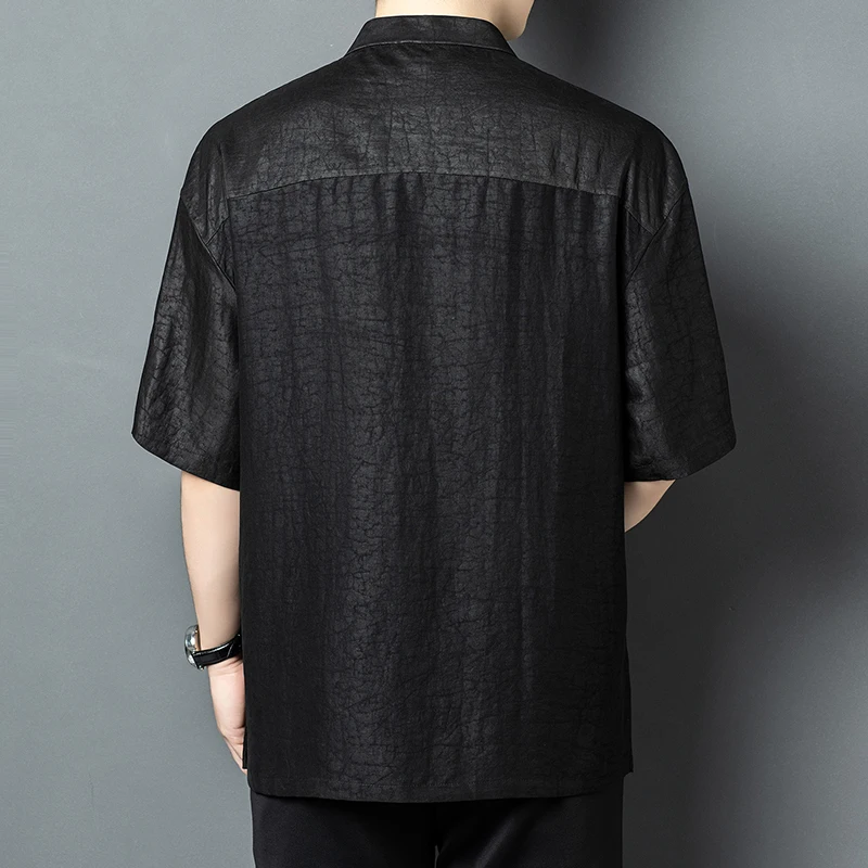 Covered Button Real Silk 100% Shirts For Men Short Sleeve Casual Summer Quality Gambiered Canton Gauze Pockets Camisas De Hombre