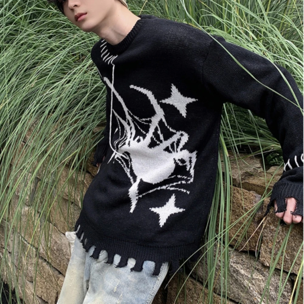 Y2K Vintage Ripped Spider Graphic Sweaters Dark Gothic Hip Hop Men's Oversized Pullover Winter Jumpers Harajuku Couples Fashion