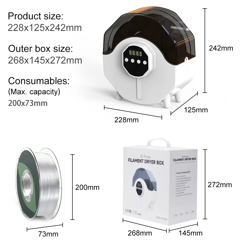 خيوط صندوق جاف 360 درجة التدفئة المحيطة عالية الجودة ثلاثية الأبعاد طابعة خيوط صندوق تجفيف لخيوط 1.75/2.85/3 مللي متر