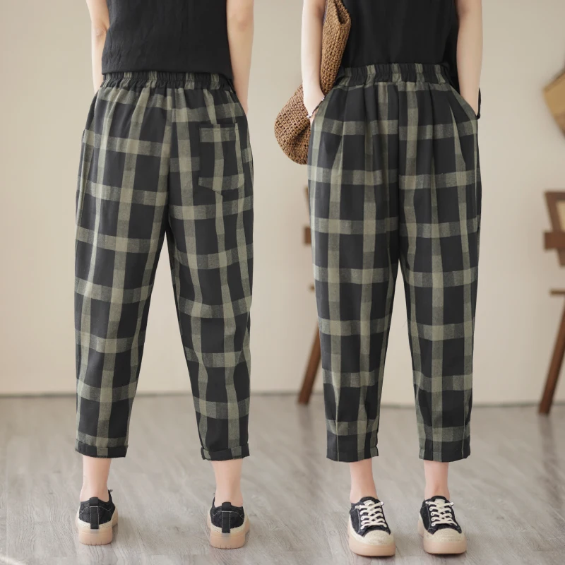 슬림핏 대형 사이즈 여성 하렘 팬츠 면 린넨 체크 여름 신상 루즈핏 랜턴 팬츠 나인 포인트 팬츠