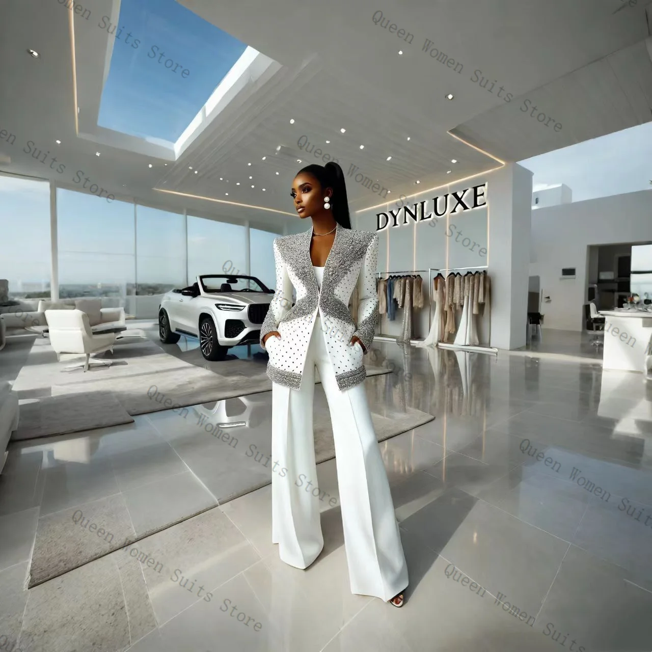 

White Women Suit Pants Set 2 Pcs Crystals Blazer+Trousers Luxury Formal Office Lady Jacket Wedding Prom Coat Outfit Customized